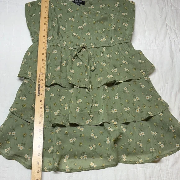 Cottagecore Sage Green Floral Tiered Ruffle Mini Babydoll Dress Coastal Cowgirl - Picture 7 of 13